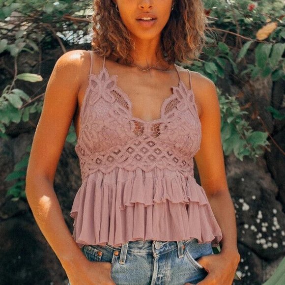 Free People Tops - Free People Adella Cami Mauve Lace Ruffled Tank Top XS